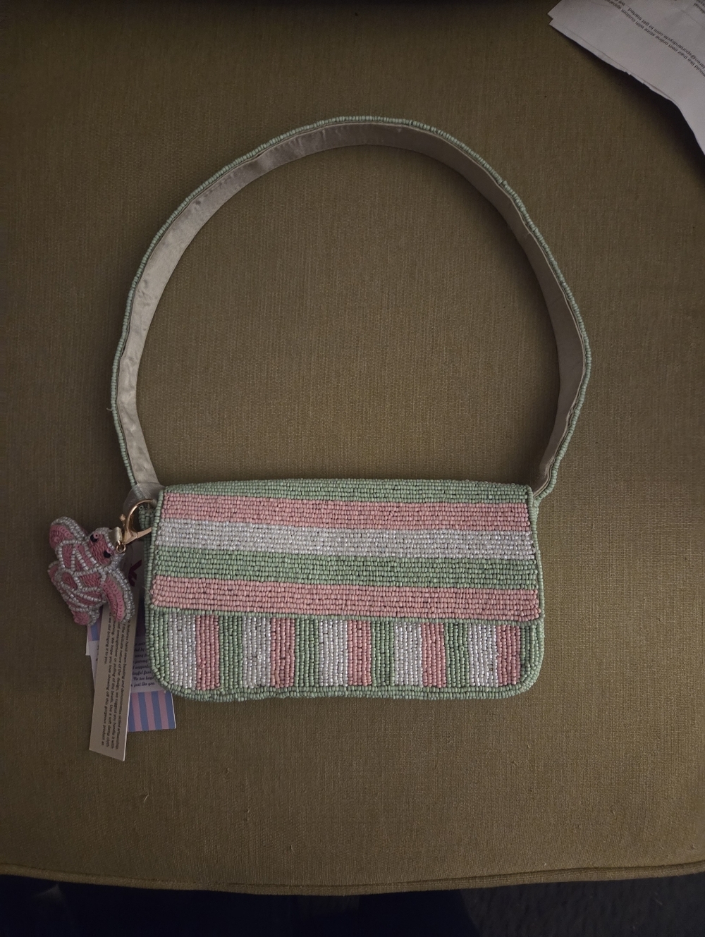 Viral Pink and Green Striped Beaded Bag With Pink Turtle Bag Charm